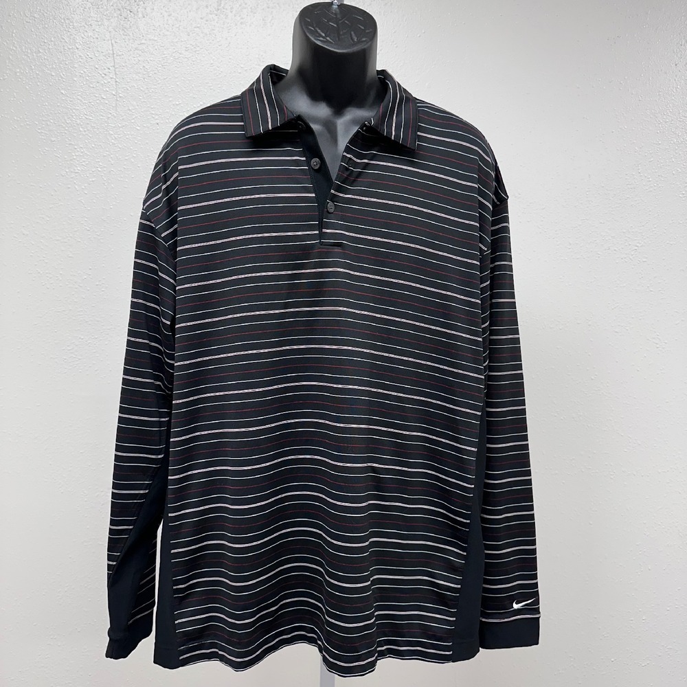 Nike Golf Dri-FIT UV Long Sleeve Striped Black/White/Red Polo Shirt Athletic XL